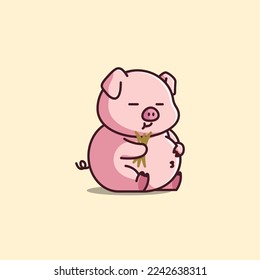 Cute cartoon fat pig is sitting and holding a grass to eat vector illustration