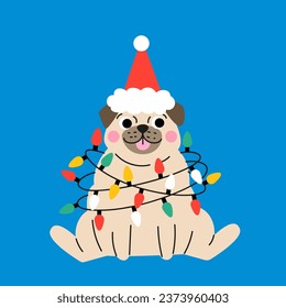 Cute cartoon fat pug puppy with a red hat and lights garland. Hand drawn vector illustration. Funny Christmas dog character card template.