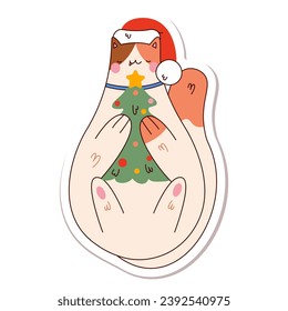 Cute cartoon fat sleepy cat with Christmas tree