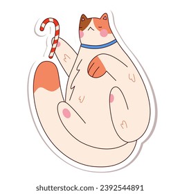 Cute cartoon fat sleepy cat with Christmas candy