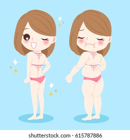 cute cartoon fat and slim woman wear bikini on blue background