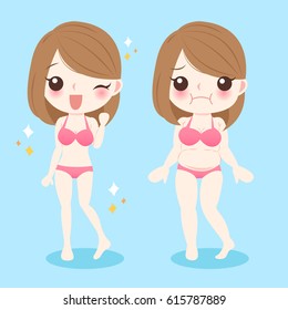 cute cartoon fat and slim woman wear bikini on blue background