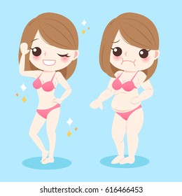 cute cartoon fat and slim woman wear bikini on blue background