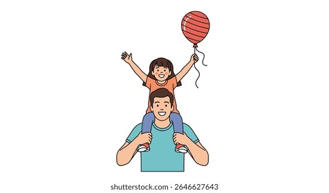 Cute Cartoon Father and Daughter Playing Together with Joyful Balloon Happiness Time