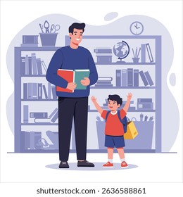Cute cartoon father holding saved money in her hand, her little boy riding a shopping cart, filled with school supplies, vector illustration
