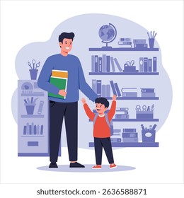 Cute cartoon father holding saved money in her hand, her little boy riding a shopping cart, filled with school supplies, vector illustration