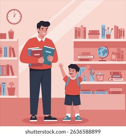 Cute cartoon father holding saved money in her hand, her little boy riding a shopping cart, filled with school supplies, vector illustration