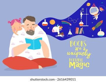 Cute Cartoon Father wearing Pajamas reading Book with His Daughter. Vector Illustration