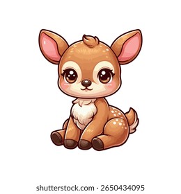 A cute, cartoon fawn sits peacefully on a white background. Its large, expressive eyes and soft brown fur with white spots give it an adorable and gentle appearance.