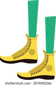 Cute cartoon feet in yellow shoes. Pair of christmas elf foot