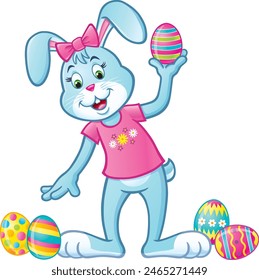 Cute cartoon female bunny rabbit in a pink t-shirt and pink bow bending over to reach for an Easter egg while holding another.