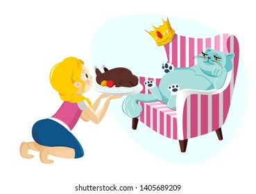 Cute cartoon female cat character lying on the striped pink armchair with princess crown.Vector illustration of queen lady british kitty isolated on blue background.Girl feeds a pet chicken on a tray