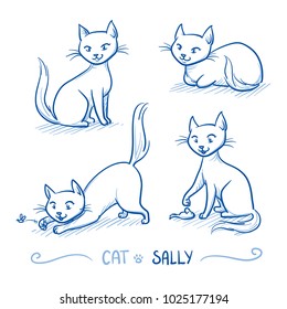 Cute cartoon female cat in sitting and lying positions, playing with toy. Hand drawn doodle vector illustration.