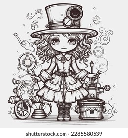 cute cartoon female character, girl with curly hairstyle in hat, steampunk style, fantasy world, vixtorian dress, for coloring book or postcard