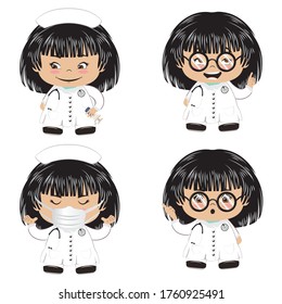 Cute cartoon female doctor with medical stethoscope set.