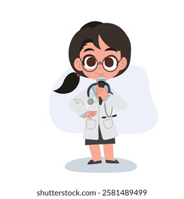 Cute cartoon female doctor speaking with microphone making medical announcement