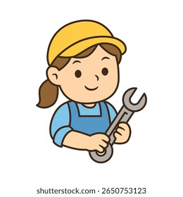 Mecânica feminina de desenho animado segurando uma chave inglesa, vestindo um boné amarelo e macacão azul. Perfeito para projetos temáticos e ilustrações do Dia do Trabalho.