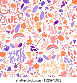 Cute cartoon feministic and floral seamless pattern with girl power and girls rules fashion elements. Cute girl seamless pattern with lipstick, hearts, flowers, science icons.