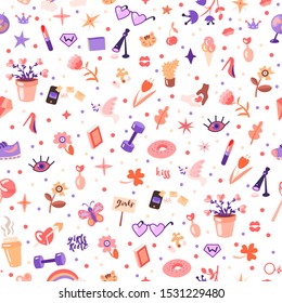 Dibujo de estilo feminista sin fisuras con poder femenino y niñas gobiernan elementos de moda. Un patrón impecable de chicas con labios, corazones, flores, íconos científicos.