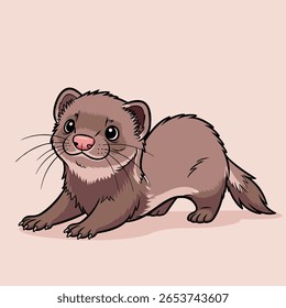Cute Cartoon Ferret in Playful Stance - Adorable Weasel Family Mammal Illustration with Whiskers, Perfect for Pet and Animal Designs. Vector Illustration