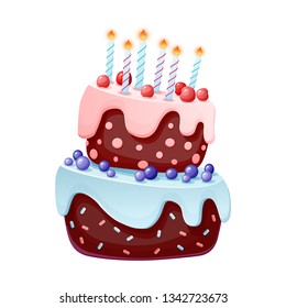 Cute cartoon festive cake with candles. Chocolate biscuit with cherries and blueberries. for parties, birthdays. Isolated element