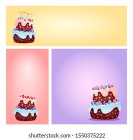 Cute cartoon festive cakes with candles and berries set of banners for shops and social media. Chocolate biscuits social media and highlights templates. For parties, birthdays design