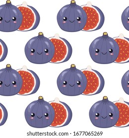 Cute cartoon figs with smiling face and pieces, half of a fig fruit stand chequerwise on a seamless vector background.