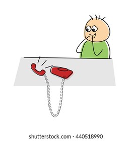 Cute cartoon figure laughing at a phone call as he listens to the caller shouting into the phone with the handset lying abandoned on the desk