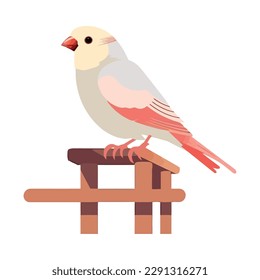 Cute cartoon finch perching on wooden icon isolated