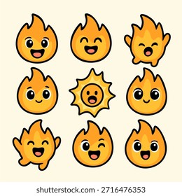 Lindos emoticonos de fuego de dibujos animados con diferentes expresiones