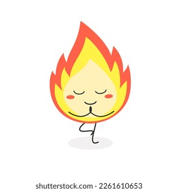 Cute cartoon fire flame meditating in tree yoga pose. Vector flat illustration isolated on white background 