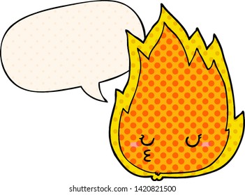 cute cartoon fire with speech bubble in comic book style