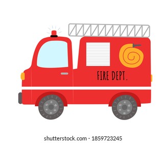 Cute cartoon fire truck with lettering isolated on white background. Vector