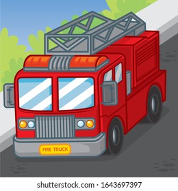 Cute cartoon fire truck on the road, Cartoon vector