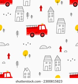 Cute cartoon fire truck - vector seamless pattern