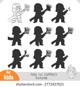Cute cartoon Firefighter boy character using fire hose, find the correct shadow educational game. Black and white coloring page worksheet for train visual perception and attention for preschool kids