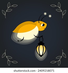 Cute cartoon firefly character flying through the night with a vintage lantern. Lovely glowworm flat vector illustration