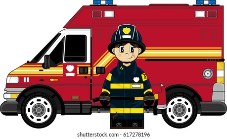 Cute Cartoon Fireman and Fire Engine