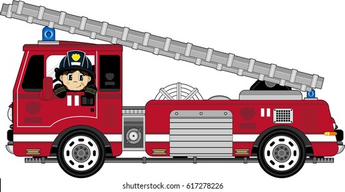 Cute Cartoon Fireman and Fire Engine