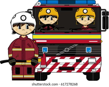 Cute Cartoon Fireman and Fire Engine