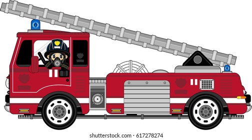 Cute Cartoon Fireman and Fire Engine