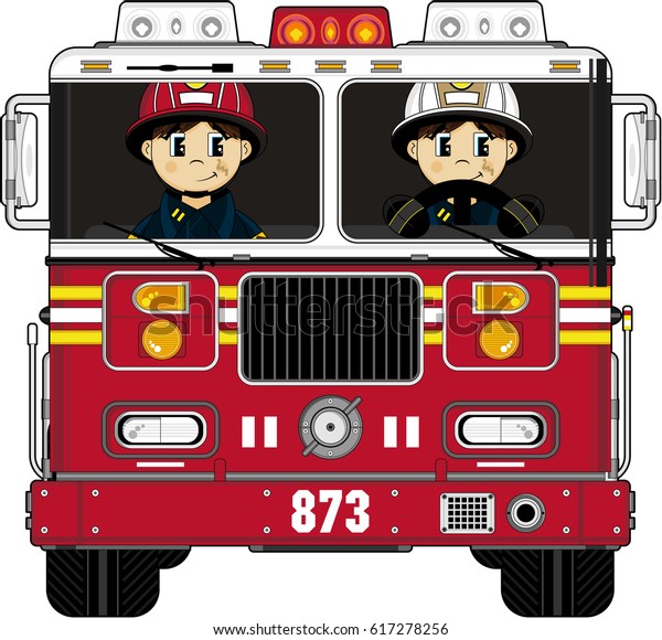 Cute Cartoon Fireman Fire Engine Stock Vector Royalty Free 617278256 0401