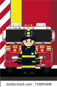 Cute Cartoon Fireman - Firefighter with Fire Engine