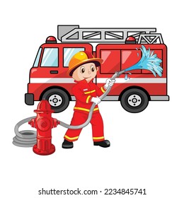 Cute cartoon fireman vector illustration. Firefighter, fireman directs the water flow of water towards the fire. Firefighter  putting out fire on street. Firefighters with  fire truck extinguish fire.