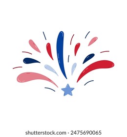 Cute cartoon firework with stars for holidays, celebration and festival. Sparkling salute as sign of Independence day, 4th July, freedom. Hand drawn isolated illustration in colors of USA flag.