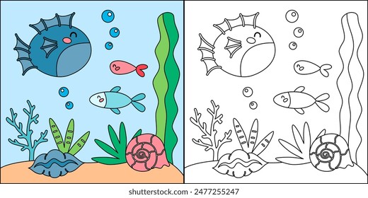 Cute cartoon fish character. Undersea, marine life illustration. Sea animals coloring pages isolated on white background.