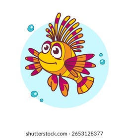 Peixe de Desenho Animado Bonito com Barbatanas Coloridas e Bolhas