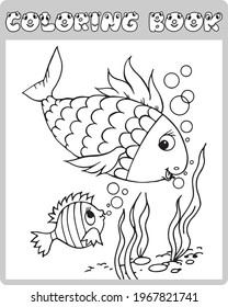 Cute Cartoon Fish, Coloring Sheet Vector