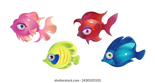 Cute cartoon fish with fin and smiling lips. Vector illustration set of funny sea or ocean animal characters. Aquarium or marine underwater creature collection. Aquatic bottom wildlife habitats