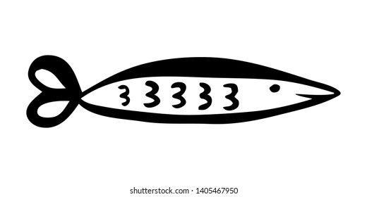 Cute cartoon fish hand painted with ink brush stroke, isolated on white background. Grunge vector illustration